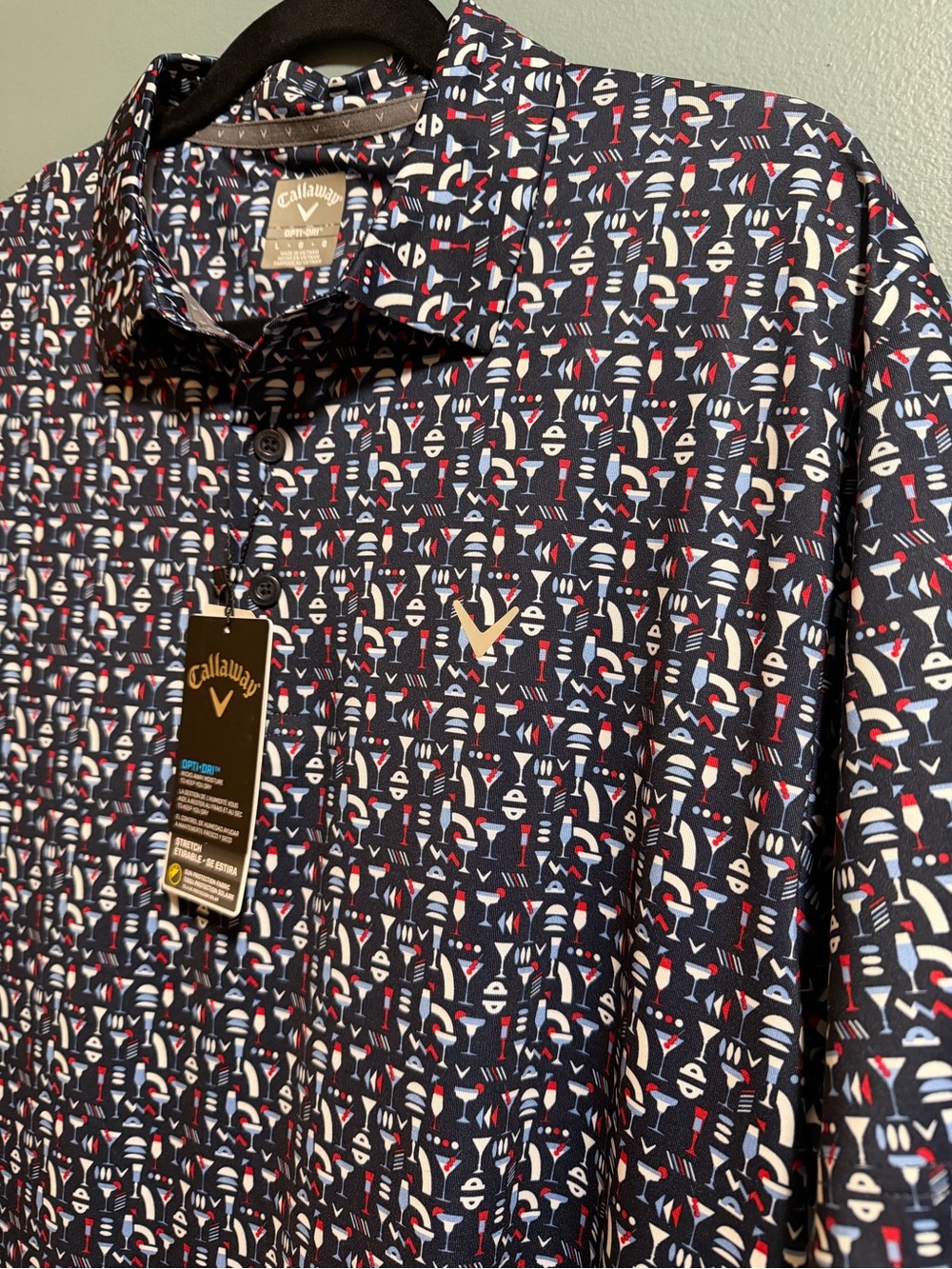 Callaway Men’s Large Polo Golf Shirt Navy Blue w/ Cocktail Glasses Print NEW
